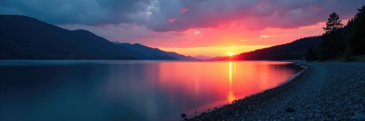 Obraz premium Desolate lake shore at dusk with long exposure soft focus, water, sunset, serene