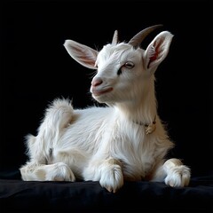 Fototapeta premium White Goat Kid Lying Down On Dark Background With A Gold Necklace And Looking Sideways