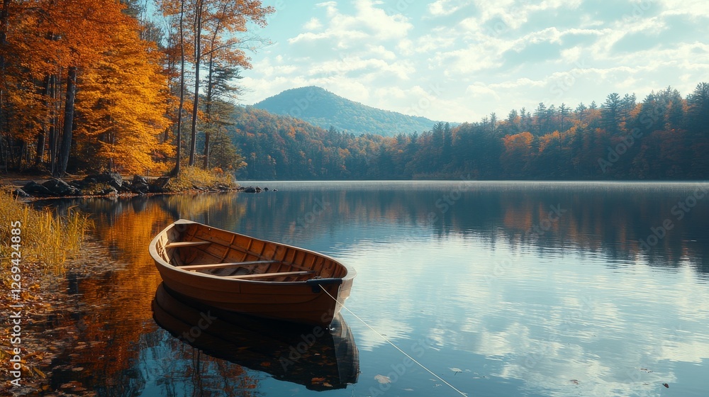 Poster lakeside autumn reflection with colorful trees and a canoe in serene environment