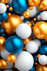 Naklejka premium Abstract arrangement featuring blue, gold, and white glossy spheres. The composition showcases a dynamic interplay of light and shadow, creating a