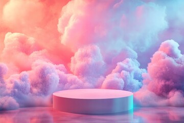 Neon cloud backdrop with a round product display