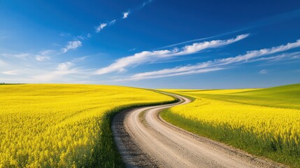 Winding road through yellow rapeseed field, sunny day, idyllic landscape, travel background