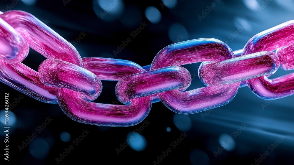 Poster abstract 3d rendering of a chain composed of interconnected pink and purple links against a dark bac