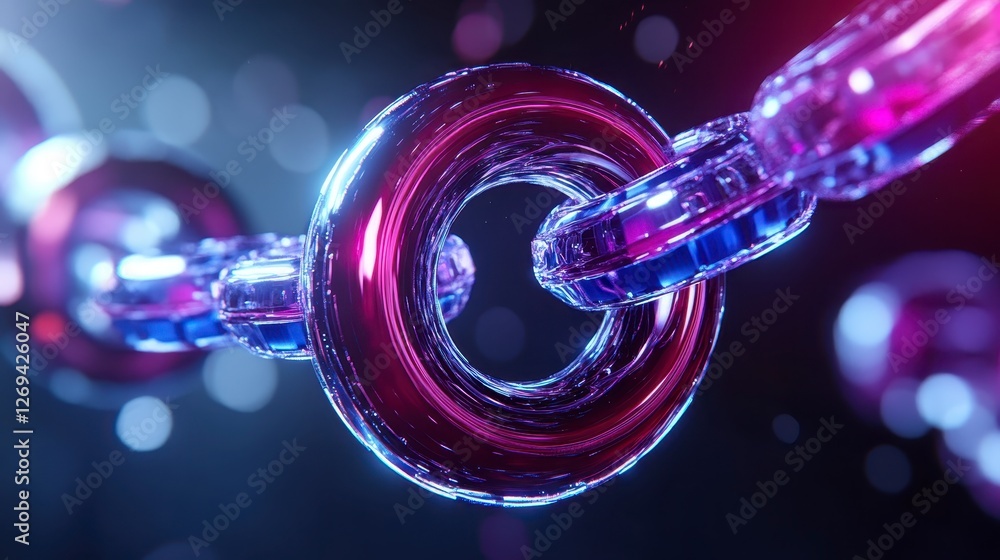 Poster abstract close up of a glowing chain link, rendered in vibrant pink and blue hues against a dark bac