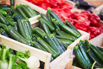 Fresh healthy bio fruits and vegetables on farmer agricultural market in France.