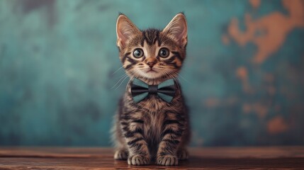 Cute tabby kitten wearing a bow tie poses adorably on a wooden surface against a soft background