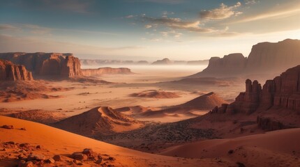 Naklejka premium Stunning Desert Landscape Sunrise Sand Dunes and Rock Formations