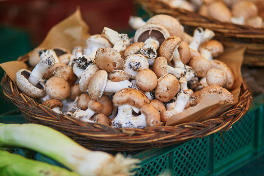 Fresh ripe mushrooms on farmer market in Paris, France.