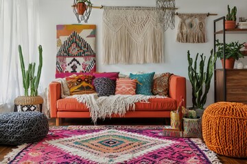 Bright and vibrant bohemian living room with eclectic decor and cozy seating. Generative AI