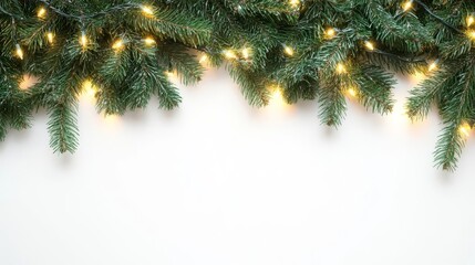 Decorative Christmas foliage with warm lights on a white background during the holiday season