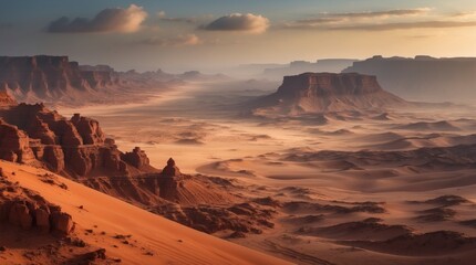 Naklejka premium Majestic Desert Landscape Sunset Sand Dunes and Rock Formations