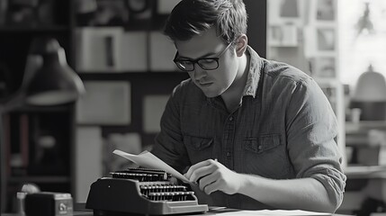 Writer at Desk with Typewriter Carefully Reading Notes During Creative Writing Process Session