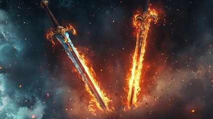 Flaming swords collide in an intense battle surrounded by vibrant flames and smoke