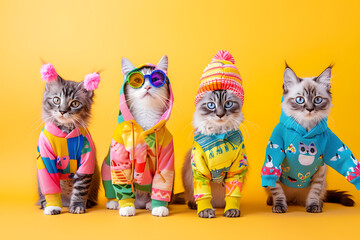 Adorable cats dressed in colorful outfits on yellow background