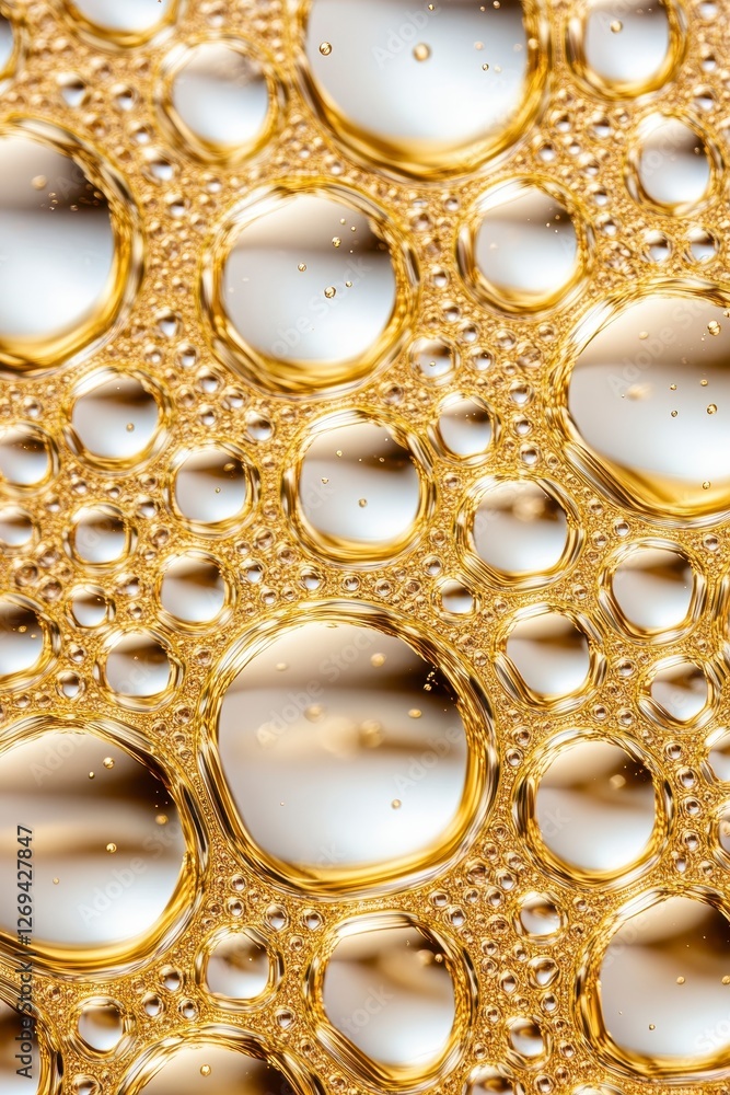 Poster abstract close up shot of golden oil droplets on a surface, creating a pattern of varying sizes and 