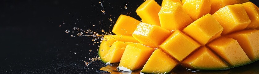 A vibrant splash of ripe mango cubes against a dark background, highlighting the juicy texture and appealing color.