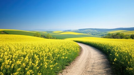 Winding road through sunny rapeseed field, hills background, spring landscape, travel poster