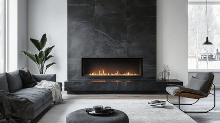 Cozy living room with modern fireplace and comfortable seating in a bright setting