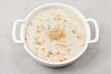 Add chicken and porridge. Cut the chicken into pieces, strain through a large sieve to loosen the...