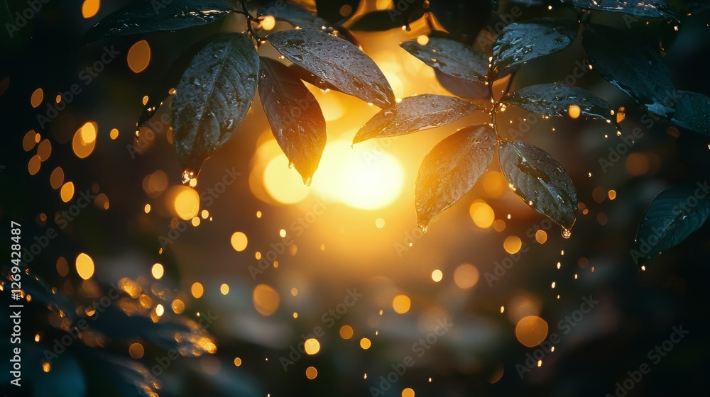Aufkleber sunlight filters through leaves after a rain shower creating a warm glow in a forest