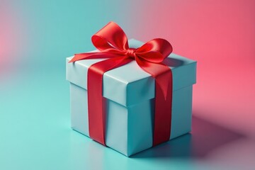 Fototapeta premium Brightly colored gift box with a red ribbon tied around it perfectly, wrapped gift, present box, birthday gift