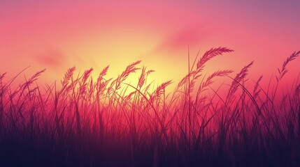 Vibrant sunset illuminating tall grass against a colorful sky at dusk