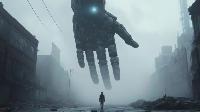 Gigantic robotic hand looms over solitary figure in a post-apocalyptic cityscape filled with fog - Powered by Adobe