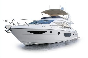 A luxurious white yacht with a sleek design and spacious deck, resting on calm water. The boat features large windows and a stylish canopy.