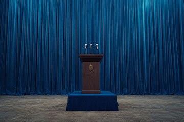 Empty podium with microphones, blue backdrop, press conference setup
