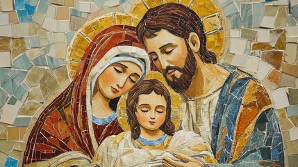 Exquisite mosaic depicting the holy family  jesus, mary, and joseph in timeless artistic elegance