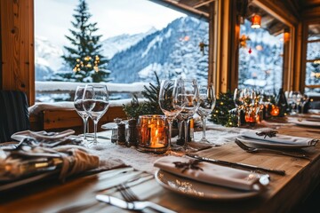 Fototapeta premium Romantic winter dinner view with snowy mountains.