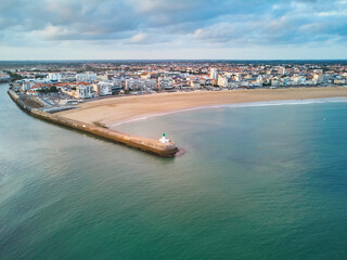 Aerial drone view of lighthouse in Les Sables d'0lonne, France