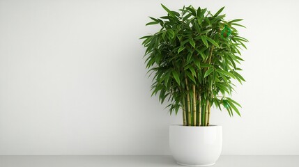 Fototapeta premium A vibrant green bamboo plant sits in a white pot, positioned against a textured white wall. The image showcases a minimalist aesthetic, emphasizing