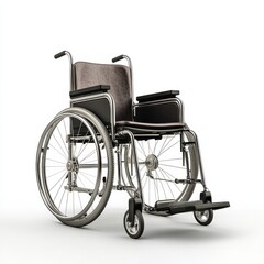 Fototapeta premium A modern wheelchair featuring a chrome frame and black padded seats, positioned on a white background. Its design emphasizes mobility assistance and comfort.
