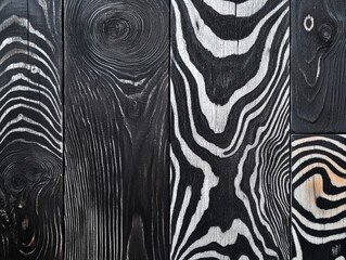 A visually striking pattern of black and white wood grains, showcasing unique textures and intricate designs across wooden panels.