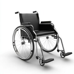 Fototapeta premium A modern, sleek wheelchair with a black leather seat and polished chrome frame, positioned on a white background. The design features large wheels and footrests for comfort.