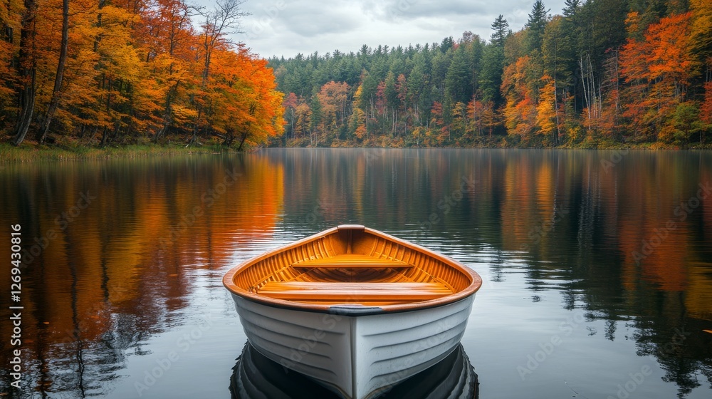 Poster lakeside autumn reflection with colorful trees and a canoe in serene environment