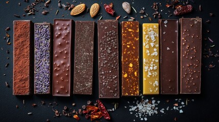 Close-up of gourmet chocolate bars with exotic flavors and unique textures