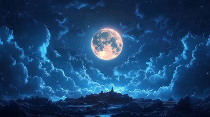 A deep indigo night sky with a glowing full moon, clean and peaceful