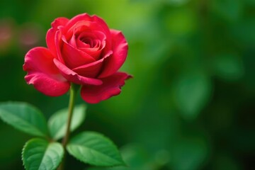 Fototapeta premium Delicate red rose petals unfolding from lush green branches, horticulture, leafy greens