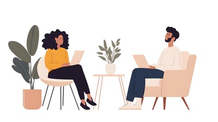 Two people engaged in a collaborative work session at home, sitting on comfortable chairs with laptops