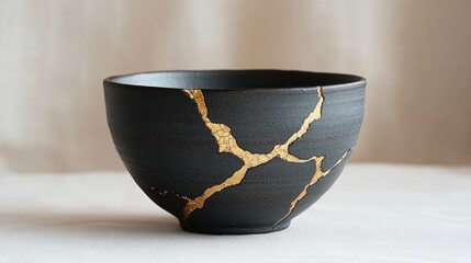 A kintsugi ceramic bowl with golden cracks, placed on a clean background