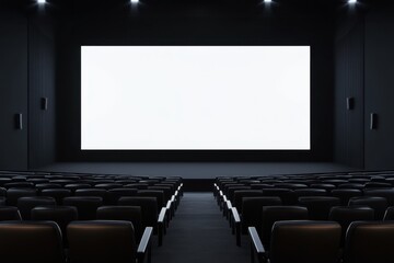 Obraz premium An empty, dark movie theater with rows of seats facing a bright white screen, awaiting viewers