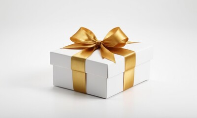 Fototapeta premium Elegant white gift box with a luxurious golden ribbon and bow, perfect for celebrations and special occasions.