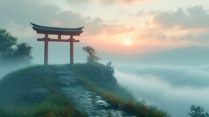 Naklejka premium A lonely Shinto shrine on a hill, surrounded by mist, peaceful ambiance