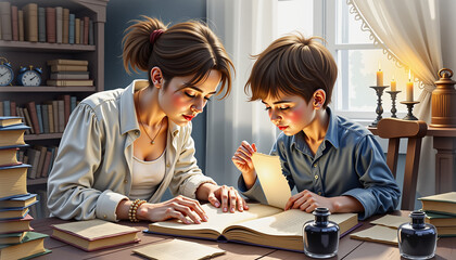 Mother and son read poems from old books in candlelit room, gaining knowledge, Poet and Muse, watercolor painting