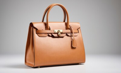 Elegant brown leather handbag with a structured silhouette and polished gold accents.