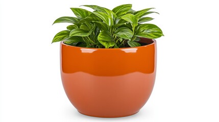 Obraz premium Vibrant green plant in a glossy burnt orange round pot, isolated on white background. The image features a simple composition and bright, clean