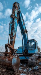 A blue excavator with rusty parts against a background of a derelict site surrounded by rubbish and overgrowth, suitable for illustrations about abandoned machinery or industrial degradation.