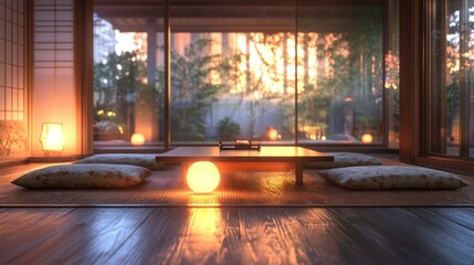 A low Japanese dining table with cushions, warm ambient light